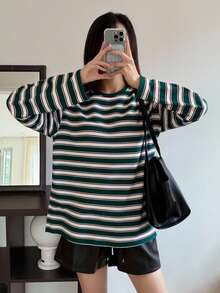 DAZY Áo thun nữ cổ tròn tay dài rộng rãi họa tiết sọc, quần áo mùa thu - màu xanh lá - Xem 2