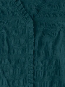 Blusa holgada de manga larga con cuello en V y volantes en el bajo, de unicolor y textura, para mujer de talla grande - Agua verde azul - Ver 4