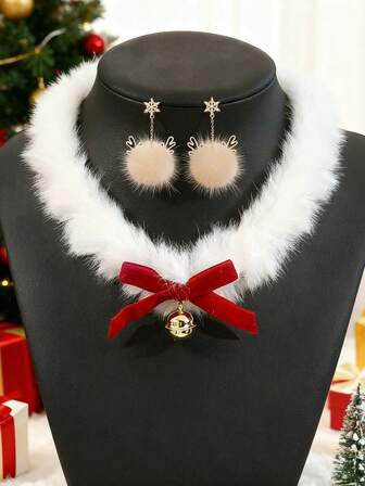Set de 3 piezas de joyería navideña elegante y de moda: Collar de lazo rojo, aretes de reno con bola de pelo, adecuado para mujeres, vacaciones, citas, fiestas, regalo de Navidad