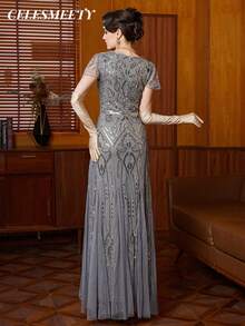 1920s Vintage Style Women's V-Neck Short Sleeve Fringe Long Sequin Beaded Ball Gown, Suitable For Party, Wedding, Maternity Dress - Silver-grey - View 7