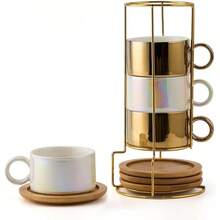 LUKA Taza de café expreso de porcelana con platillos y soporte de metal tazas pequeñas de cerámica de 177 ml apilables para expreso y capuchino juego de tazas para café con leche café café moca - dorado - Ver 1