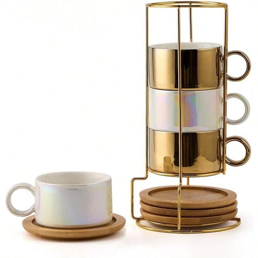 LUKA Taza de café expreso de porcelana con platillos y soporte de metal tazas pequeñas de cerámica de 177 ml apilables para expreso y capuchino juego de tazas para café con leche café café moca - dorado - Ver 1