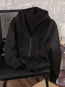 LQTY 女士秋冬纯色黑色拉链外套，韩版风格，舒适复古时尚通勤百搭Y2K女式外套，适合户外休闲小众朋克风开衫连帽外套 - 黑色 - 查看 4