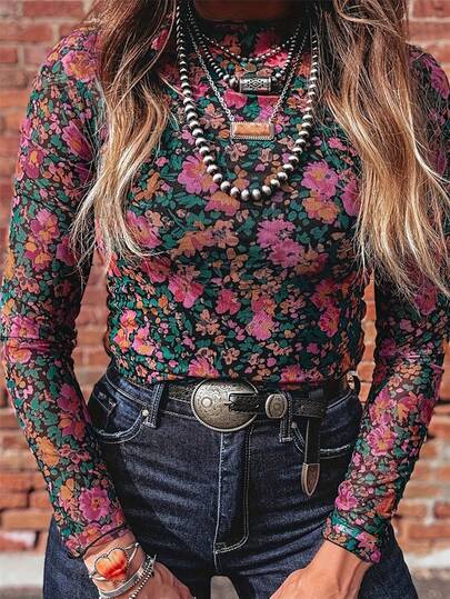 Women's Allover Floral Print Fashionable Versatile Vacation Long Sleeve Top