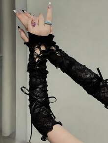 1对Y2K芭蕾舞风格蕾丝袖套：防晒，可DIY，适合洛丽塔和JK风格，保暖手臂+冬季装备+手套+熊+圣诞节 - 黑色 - 查看 3