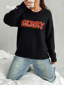 BuyK 大码黑色毛衣，节日图案，长袖，圆领，女装，假日时尚，休闲装，大码针织毛衣，女士毛衣，大码，大码图案毛衣，时尚毛衣 - 黑色1 - 查看 5