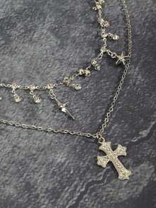 2件套水钻星星十字架流苏项链，闪亮锆石高端独特哥特式颈链，Y2K风格