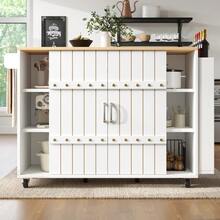 Kitchen Cabinet, Wood Grain Serving Cart, Kitchen Trolley With Wheels And Countertop, Kitchen Trolley With Spice Rack And Towel Rack, Kitchen Island With Sliding Doors And Drawers, White - White + MDF - View 2