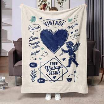 Manta de franela cómoda con tema de Pascua - Corazón, pequeño fantasma, elementos de letras diseño minimalista, colores principales azul, verde, blanco con estampado digital - Adecuada para sala de estar, dormitorio, sofá y camping - Regalo ideal para amigos, familia y compañeros de clase