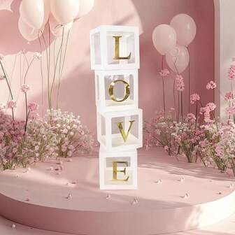 4个金色LOVE字母透明气球盒 - 25厘米白色纸盒，适用于生日、婚礼、情人节、母亲节和派对装饰，配有金色金属装饰，可用作摄影道具，优雅的派对装饰气球盒