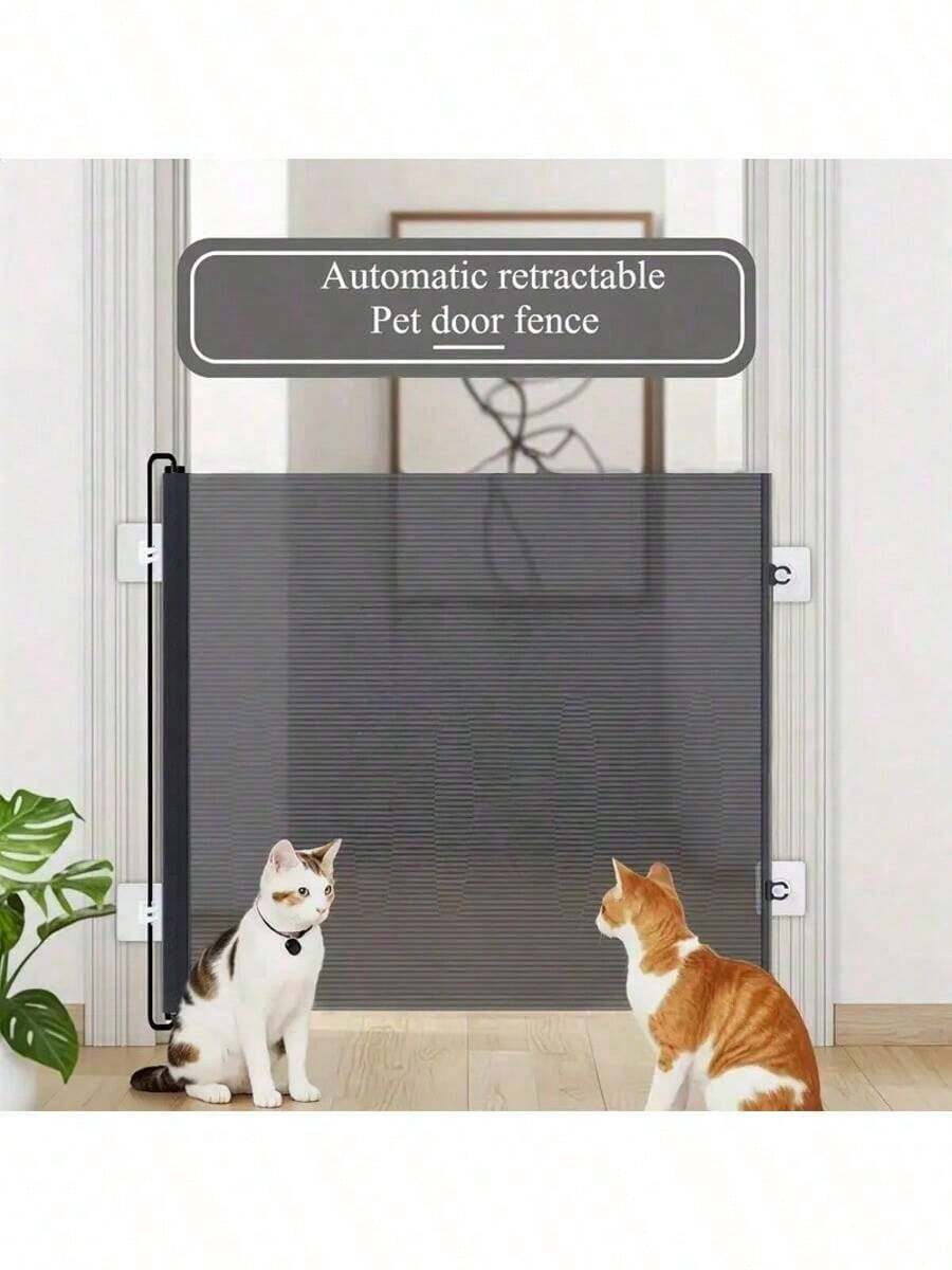 1pc Easy Install Retractable Black PVC Pet Gate - No Drill Fence For Indoor Stairs, Dog Barrier, Cat Enclosure With Automatic Closing Feature, Cat Gate For Outsid