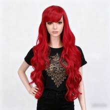 28-Inch Women's Red Long Curly Synthetic Wig With Bangs, Full Wig Head Piece - Red - View 11