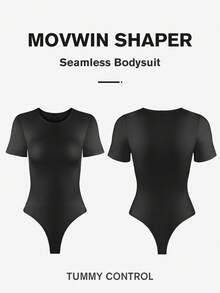 1pc Women Black Seamless Scoop Neck Short Sleeve Sexy Bodysuit Thong - Black - View 4