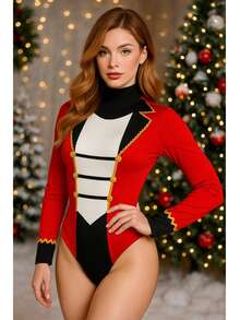 NAVIDAD Body Navideño con Diseño Santa Claus Galleta de Jengibre Gr1nch Muñeco de Nieve Snowman Casca Nueces Pingüino Reno y Duende Estampado Lindo de Manga Larga Cuello Alto para Mujer Dama Sexy NAVIDAD Christmas Rojo Santa Pinguino - Rojo y blanco - Ver 1