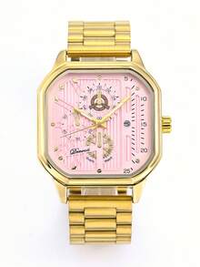 Pink Dial Gold Steel Band Square Quartz Watch, Multifunctional Fashion Wristwatch For Men And Women - one-size - View 4