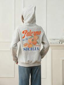 1件少女休闲印花套头卫衣，保暖内衬，长袖，秋冬季学生服装 - 淺灰色 - 查看 2