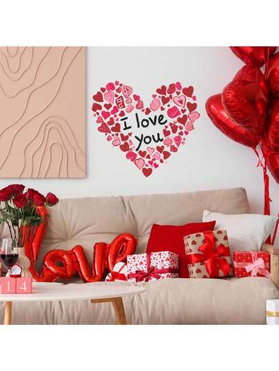 1张情人节心形英文装饰贴纸，PVC材质，可移除自粘易撕贴纸，家居装饰，让您的生活焕然一新，节日装饰贴纸，生日和毕业礼物