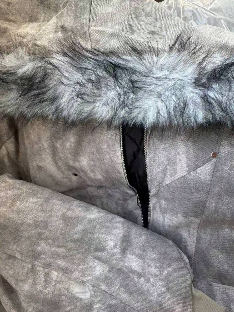 New For 2026: Hooded, Fur-Collared, Padded Coat For Couples, Unisex, Tie-Dye, Thick, Warm Outerwear, Cold Weather, Versatile, Cotton Jacket, Unisex Down Jacket, Plain, Casual, Fuzzy, Zipper, Pockets, Perfect For Everyday Wear - Light Grey - View 2