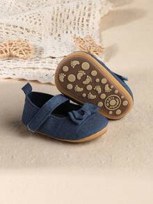1 Pair Girls' New Bow Hook And Loop Canvas Casual Flat Shoes, Solid Color Baby Shoes Suitable For Spring & Autumn - Blue - View 3