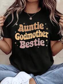 Women Round Neck T Shirt Auntie Godmother Bestie Print Short Sleeve Casual Top For Family Events And Everyday Wear - 黑色 - 查看 1