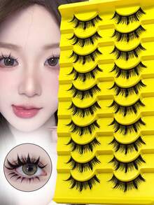 10 perechi de gene false naturale în stil păpușă - Gene false transparente cu tulpină manga, design de zână comică, perfecte pentru jocuri de rol - reutilizabile - Negru - Vizualizare 1