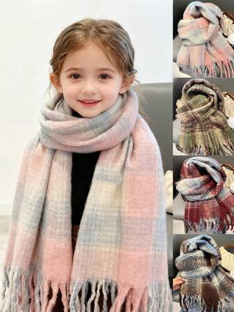 1 Stück Kinder Pastell Karomuster Schal - Dicker Winterschal, Collegestil für Mädchen, vielseitiger Studenten- & Paarschal, warmer flauschiger Outdoor-Schal