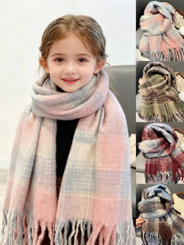 1pc Kids Pastel Plaid Scarf - Thick Winter Scarf, Collegiate Style For Girls, Versatile Student & Couple Scarf, Outdoor Warm Fuzzy Scarf