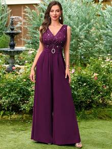 MIUSOL 亮片花卉蕾丝V领无袖荷叶边阔腿连体裤，优雅女士服装，适合婚礼宾客、毕业典礼、正式晚宴和其他场合。 - 紫紅色 - 查看 5