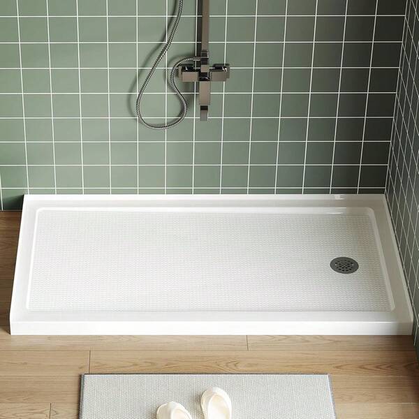 Plato de ducha de 60"X32" con desagüe central - Base de ABS con umbral único y superficie antideslizante, plato de ducha rectangular de acrílico ligero - Incluye kit de desagüe Blanco