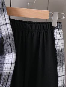 Young Boy Casual Plaid Print Patchwork Button Hooded Shirt And Sweatpants Set