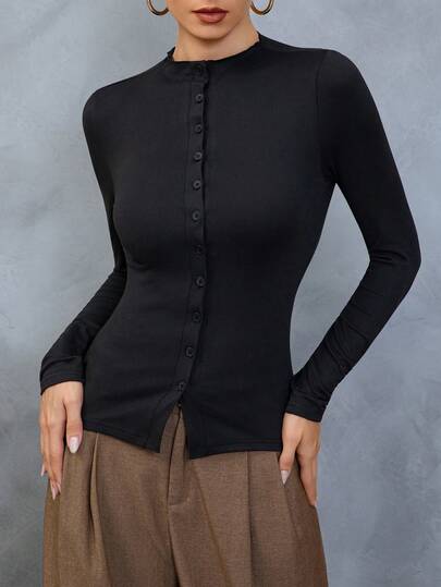 Women's Elegant Button-Up Casual Solid Color Vintage Slim Fit Sexy Blouse T-Shirt