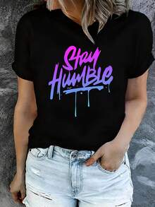 Stay Humble Women's Plus Size T-Shirts Crew Neck Novelty Shirts Casual Short Sleeve Tops Suitable For Yoga, Sports And Daily Wear, Machine Washable, Suitable For Gift Giving - màu đen - Xem 1