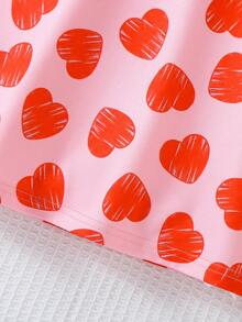 Young Girl's Casual School Style Cute Heart Print Round Neck Puff Sleeve A-Line Dress, Spring/Summer/Autumn - Pink - View 8