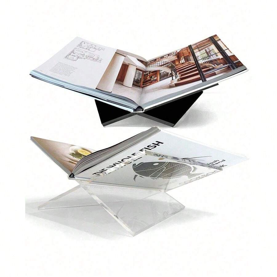 1pc X-Shaped Transparent Acrylic Book Stand, Reading Shelf, Music Album Display Rack, Black & White Book Holder, Home Decor, Suitable For Library, Cookbook, Music Album And Various Books Reading And Display, Countertop Decor For Kitchen - 透明色 - 查看 1