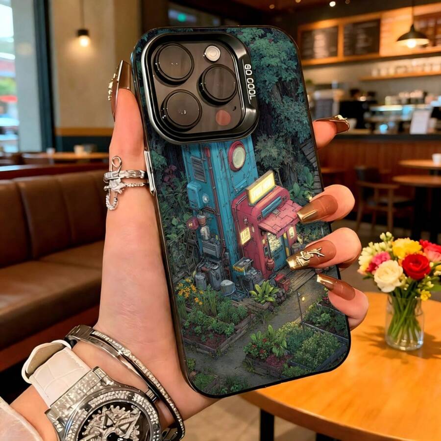 Cubierta de telefono para iPhone con diseño de casa encantada en bosque azul y rojo estampado con texto 80000 para uso diario en cafeterias y viajes - Blanco - Ver 1