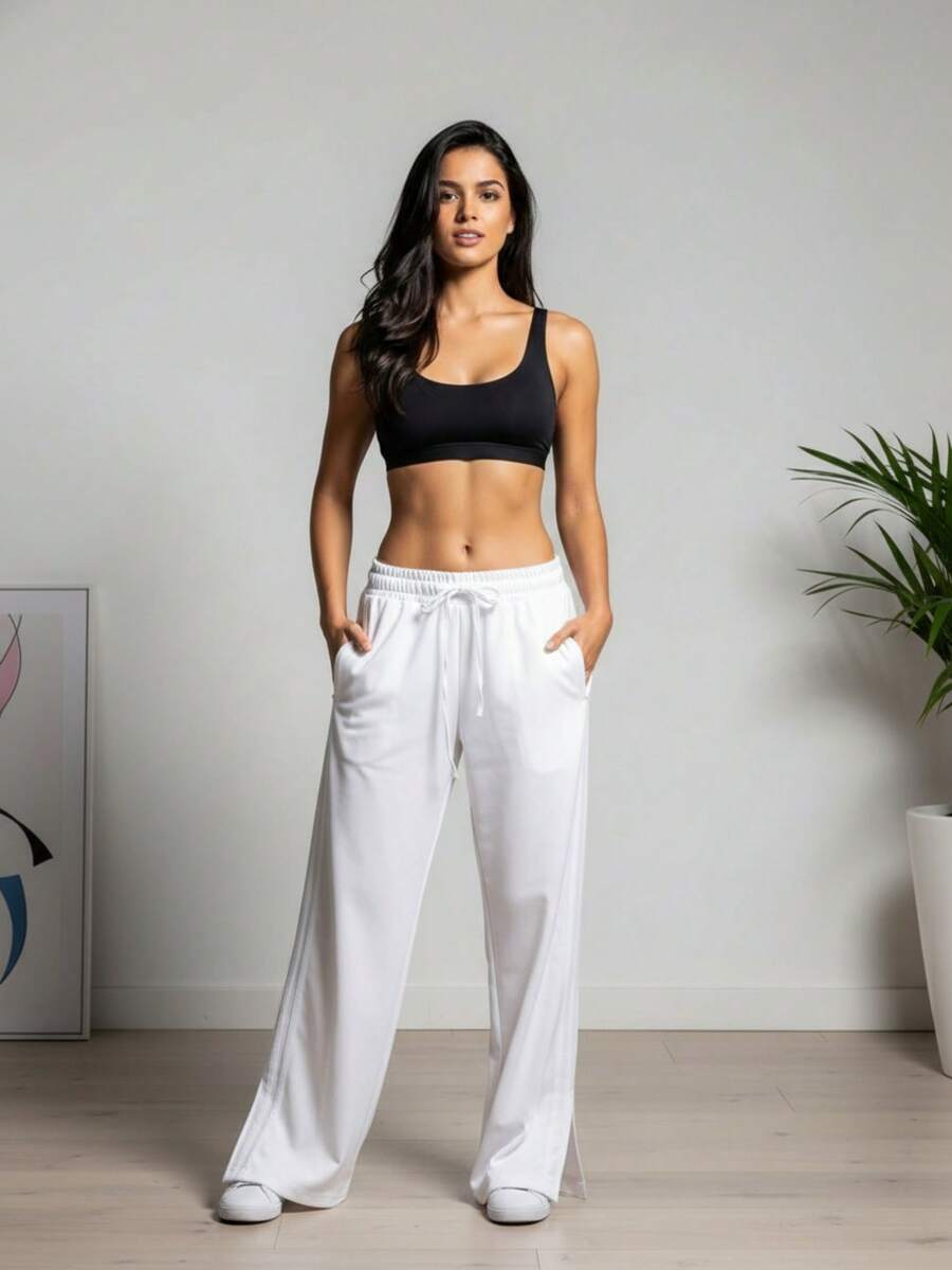 WUUW Women's Casual Fashion Sports Drawstring Straight Sweatpants With Side Stripes For Sports And Leisure - trắng - Xem 1