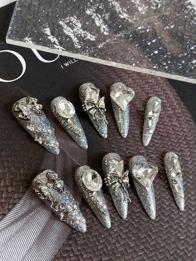 Luxurious Sparkling Advanced Full Diamond Heavy Industry Temperament Bow Zirconia Wear Nail Art Detachable Press On Nails