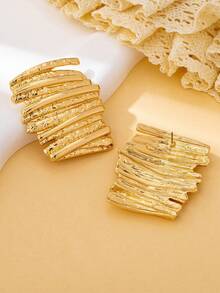 1对时尚几何方形耳钉，百搭女士派对、日常佩戴、礼物 - 金黃色 - 查看 2