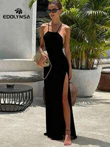 黑色针织露背透视开衩吊带裙性感泳装罩衫沙滩装连衣裙夏季 - 黑色 - 查看 2