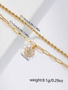 Set de 2 piezas de pulsera apilable con cadena básica multicapa, cadena trenzada, cadena de clip de papel, flor de girasol con incrustaciones de cobre y circonita, regalo de joyería - Amarillo Oro - Ver 4