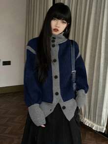 Áo khoác cardigan dệt kim phối màu tương phản, thiết kế retro giản dị, độc đáo, thích hợp cho mùa Thu/Đông. - Hải quân - Xem 6