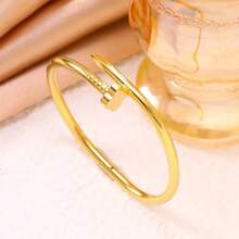 2pcs/Set High Quality Stainless Steel Flower Gold Bangle Set, Four-Leaf Clover Nail Bangle, Four-Leaf Clover Rhinestone Bangle - Gold - View 3