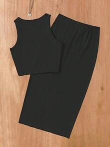 女士纯色优雅休闲分体套装，包括背心和半裙，适合春夏晚宴、办公室、花园等场合，黑色。 - 黑色 - 查看 3