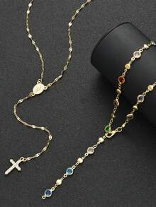 两件套波西米亚风彩色水晶复古金属十字架吊坠Y型项链套装，适合女性日常及节日佩戴，送朋友的礼物 - 金色 - 查看 6