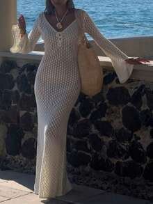 FOR BEAUTY V-Neck Sexy Hollow-Out Long Sleeve Knitted Beach Dress, Slim-Fit Lightweight With Sheer Effect, Suitable For Beach, Seaside, Swimming, Music Festivals, Vacation, Etc. - White - View 5
