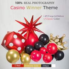 130pcs Casino-Themed Balloon Wreath Set,Includes Exploding Stars, Dice, Crown Foil Balloons, And Black, Red, And Gold Latex Balloons. It's Perfect For Birthday Parties, Casino Royal Parties, Bachelor/Bachelorette Parties, Anniversary Celebrations, And Las Vegas-Themed Parties.