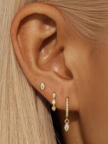 3 件不对称锆石 925 纯银单只耳环 女式时尚穿孔环状耳环 适合婚礼新娘首饰