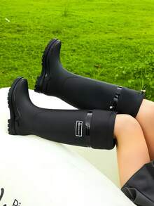 女士时尚高筒雨靴，弹性靴口，防水防滑，适合洗车、钓鱼、厨房活动、户外水上活动 - 黑色 - 查看 6