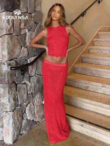 两件套性感镂空针织泳衣罩衫，女士喇叭袖系腰上衣和长裙套装，适合夜店和海滩，夏季 - 紅色 - 查看 3