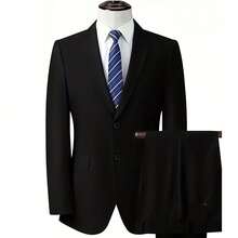 I FineLong 2pcs Men's Formal Plaid Suit, Jacket With Pockets, Unwrapped - Black - View 2